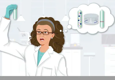 A scientist in a laboratory looks surprised. She holds a tube in one hand.&nbsp;